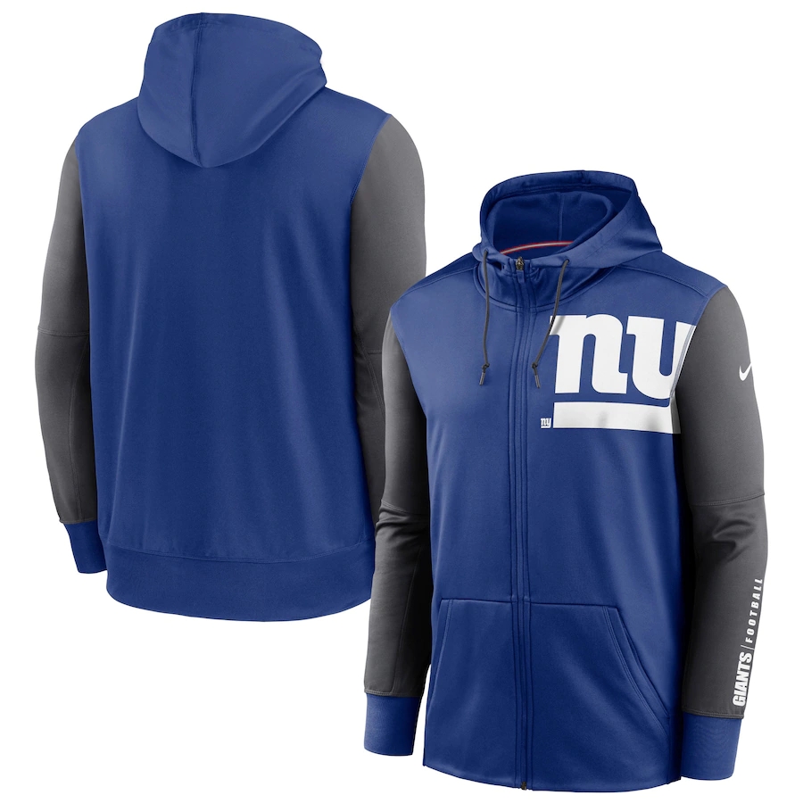 NFL Nike New York Giants Royal Charcoal Fan Gear Mascot Performance FullZip Hoodie->detroit lions->NFL Jersey